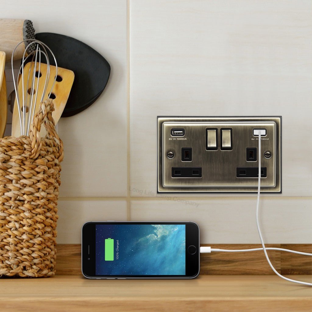 Antique Brass USB Double Wall Plug Socket 2 Gang 13A with 2 USB Charger Port Outlets Socket Plate BE776KME - Energy Light Bulbs - Free delivery on all orders