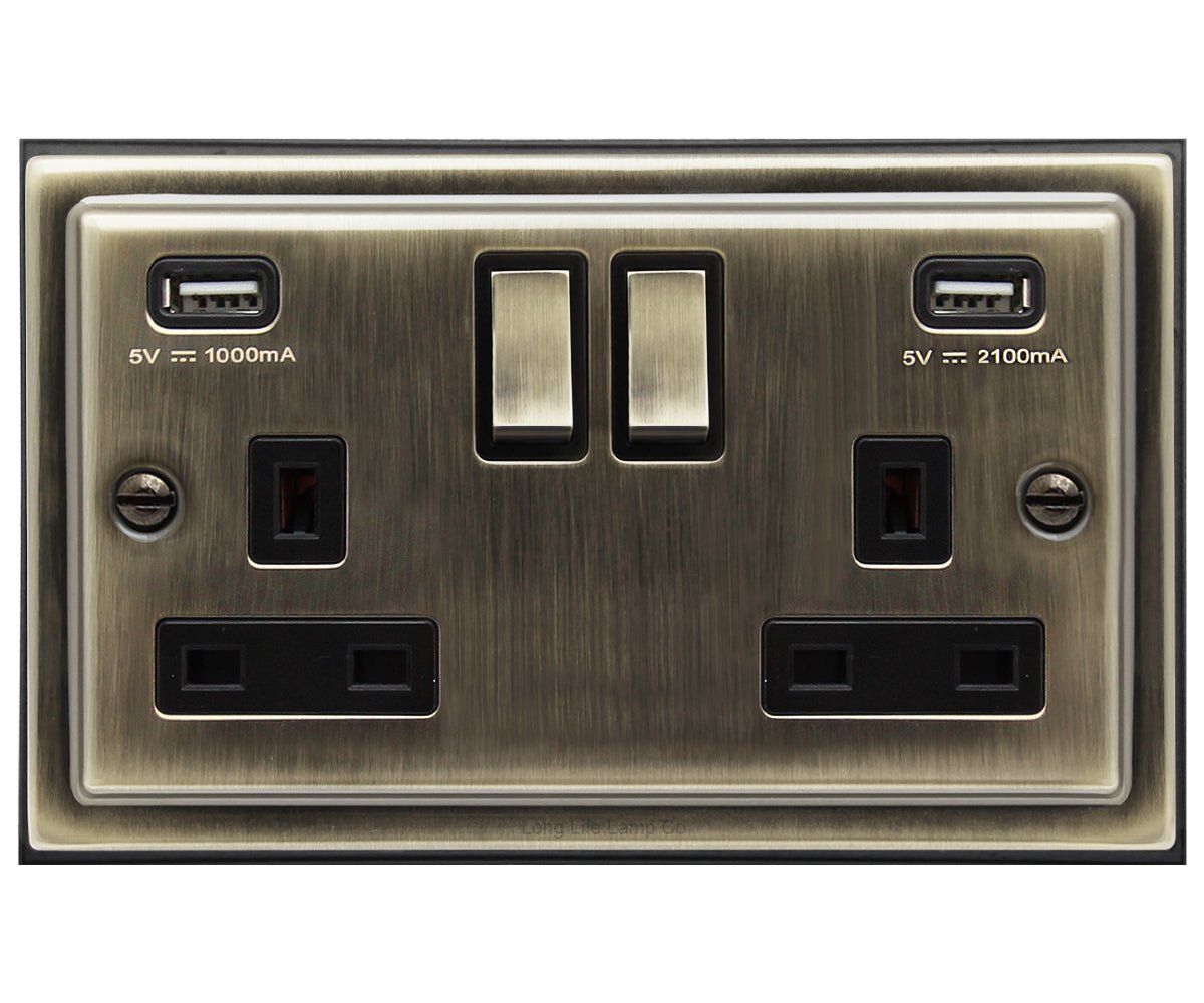 Antique Brass USB Double Wall Plug Socket 2 Gang 13A with 2 USB Charger Port Outlets Socket Plate BE776KME - Energy Light Bulbs - Free delivery on all orders