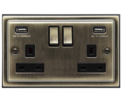 Antique Brass USB Double Wall Plug Socket 2 Gang 13A with 2 USB Charger Port Outlets Socket Plate BE776KME - Energy Light Bulbs - Free delivery on all orders
