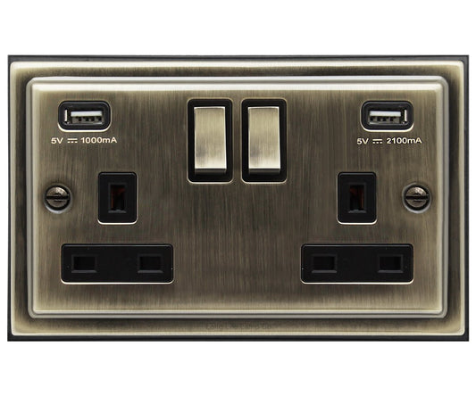 Antique Brass USB Double Wall Plug Socket 2 Gang 13A with 2 USB Charger Port Outlets Socket Plate BE776KME - Energy Light Bulbs - Free delivery on all orders