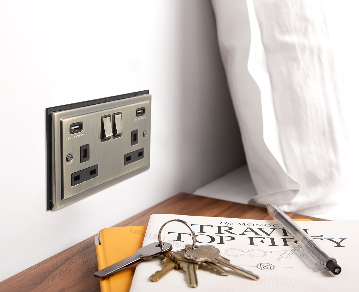 Antique Brass USB Double Wall Plug Socket 2 Gang 13A with 2 USB Charger Port Outlets Socket Plate BE776KME - Energy Light Bulbs - Free delivery on all orders