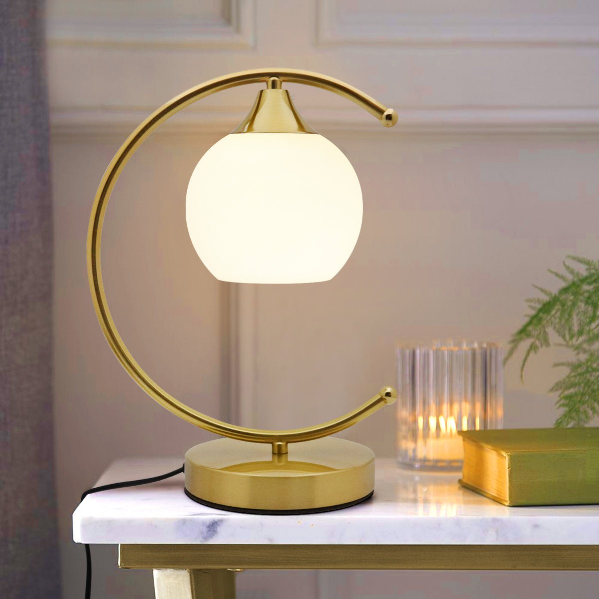 Arch Brass Table Lamp Opaque Glass Globe Shade Opal Sphere - Energy Light Bulbs - Free delivery on all orders