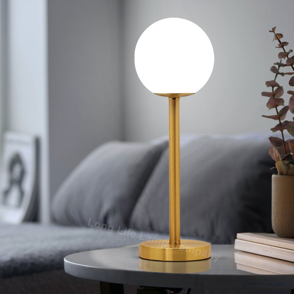 Art Deco Brass Table Lamp Frosted Globe Opaque Glass Shade - Energy Light Bulbs - Free delivery on all orders