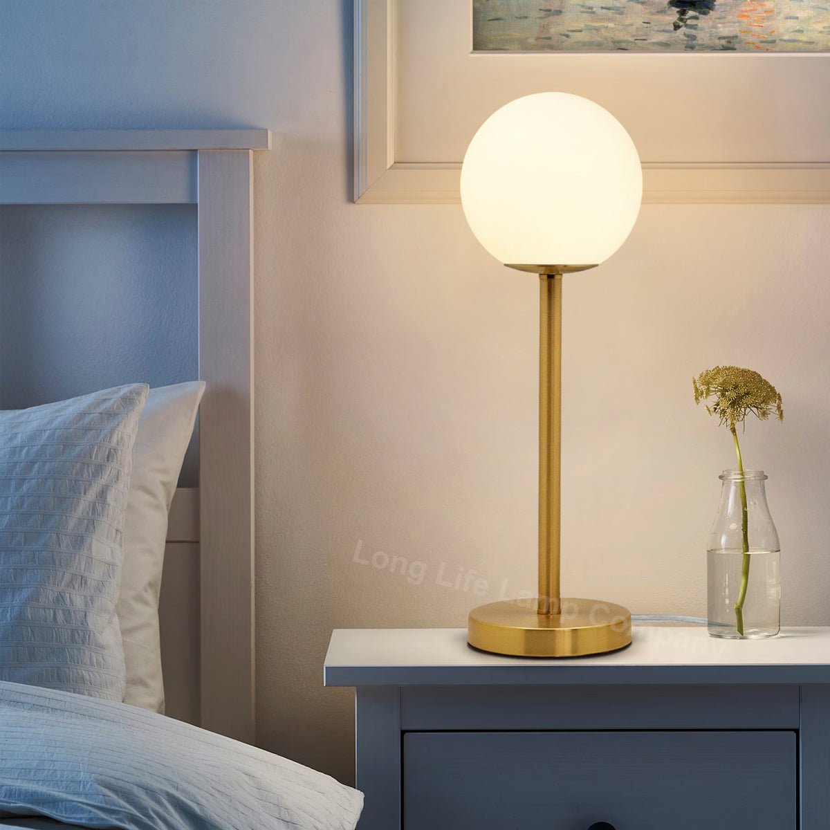 Art Deco Brass Table Lamp Frosted Globe Opaque Glass Shade - Energy Light Bulbs - Free delivery on all orders