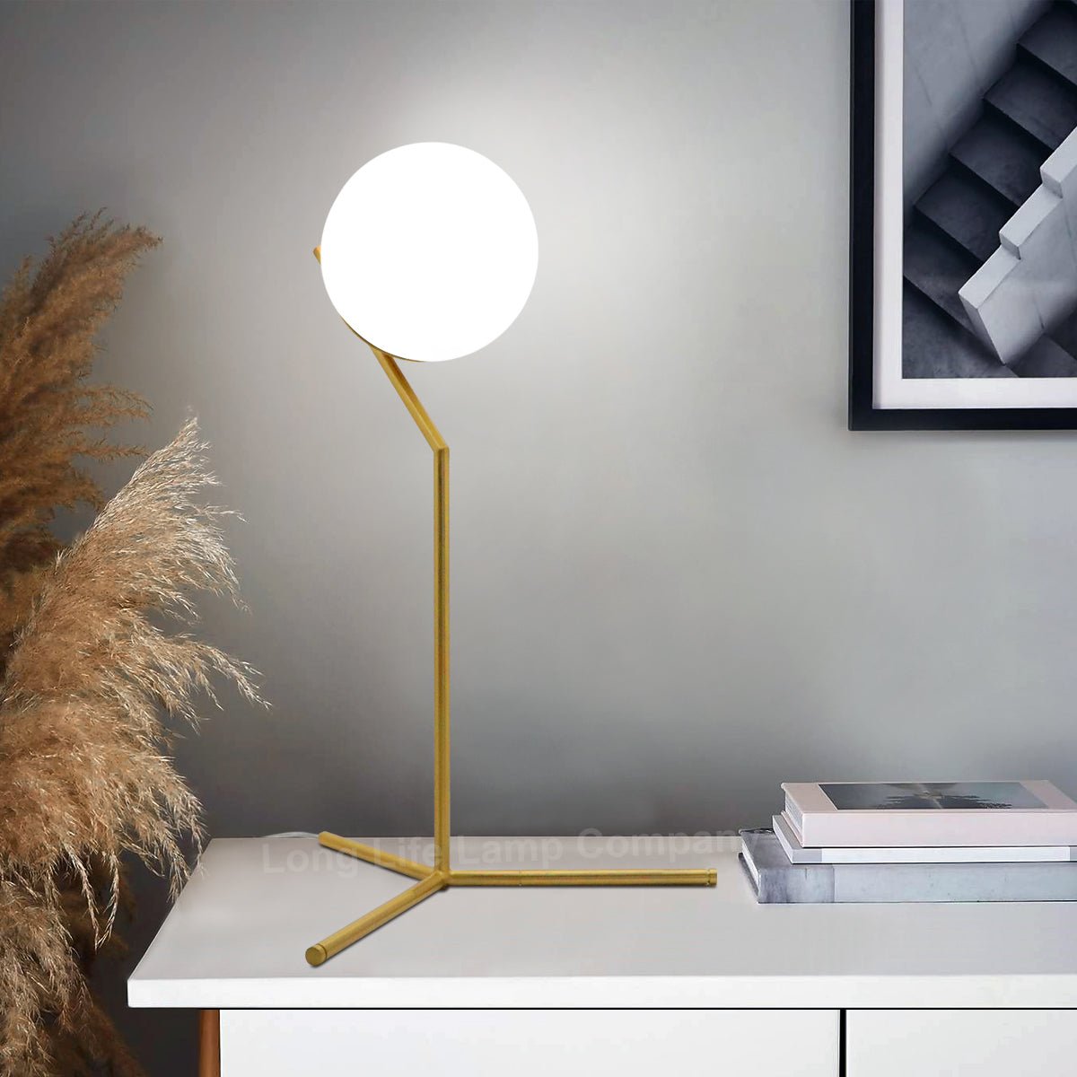 Art Deco Brass Table Lamp Frosted Globe Opaque Glass Shade - Energy Light Bulbs - Free delivery on all orders