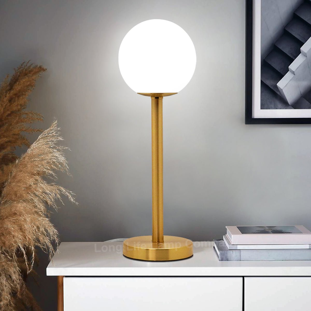 Art Deco Brass Table Lamp Frosted Globe Opaque Glass Shade - Energy Light Bulbs - Free delivery on all orders