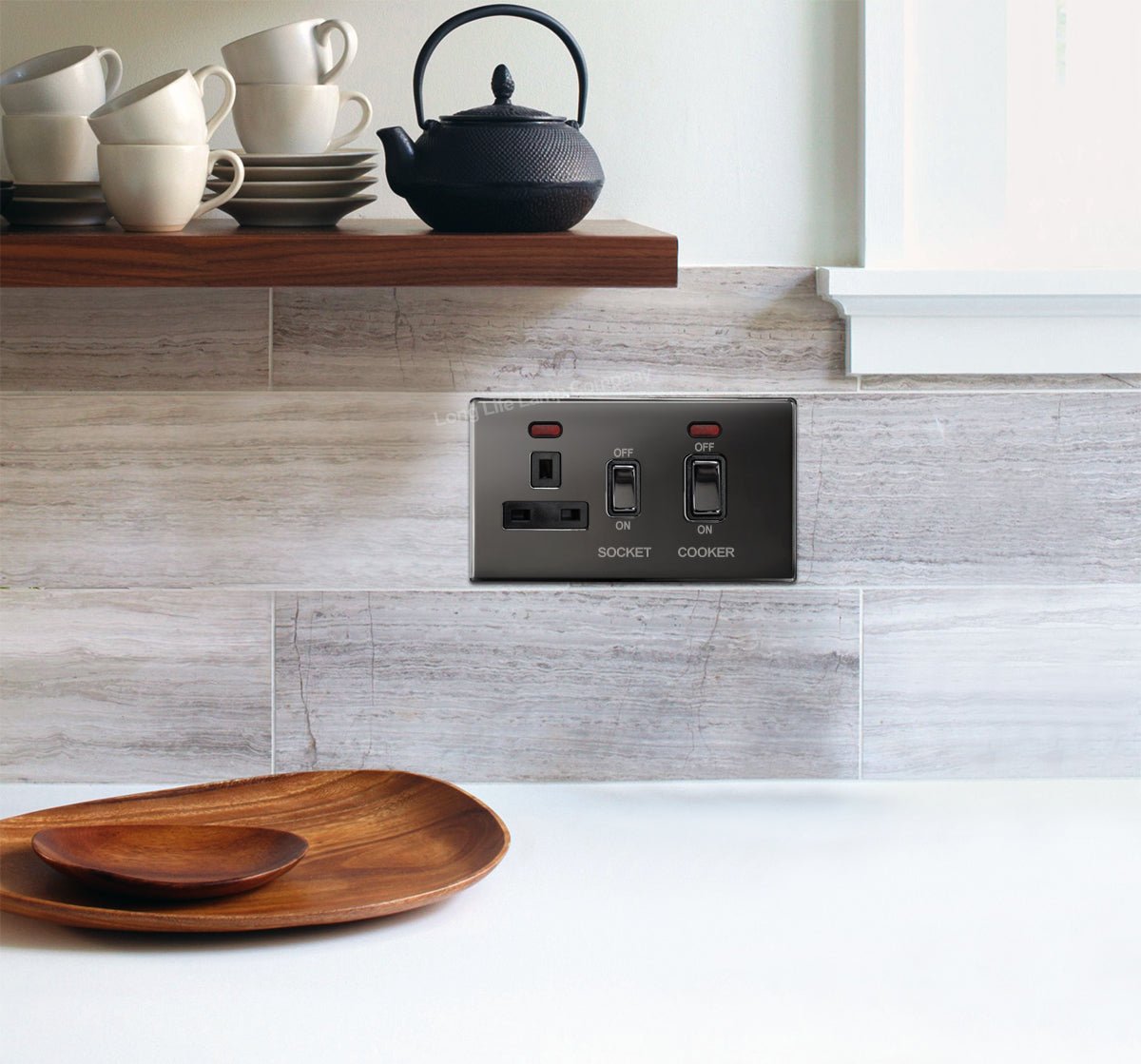 Black Nickel 45A Cooker Control Switch Unit with 13A Socket Neon Indicators Screwless Plate Finish - Energy Light Bulbs - Free delivery on all orders