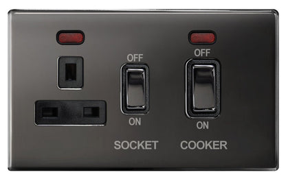 Black Nickel 45A Cooker Control Switch Unit with 13A Socket Neon Indicators Screwless Plate Finish - Energy Light Bulbs - Free delivery on all orders
