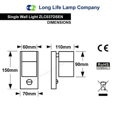 Black PIR Stainless Steel Single Outdoor Wall Light With Movement Sensor Down - Energy Light Bulbs - Free delivery on all orders