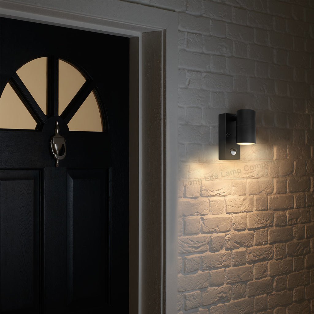 Black PIR Stainless Steel Single Outdoor Wall Light With Movement Sensor Down - Energy Light Bulbs - Free delivery on all orders