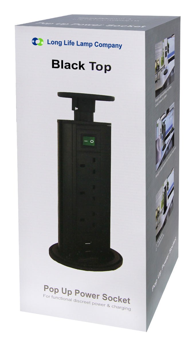 Black Top Power Tower Pop Up Socket With 2 USB Charging Port 3 Plug Sockets - Energy Light Bulbs - Free delivery on all orders