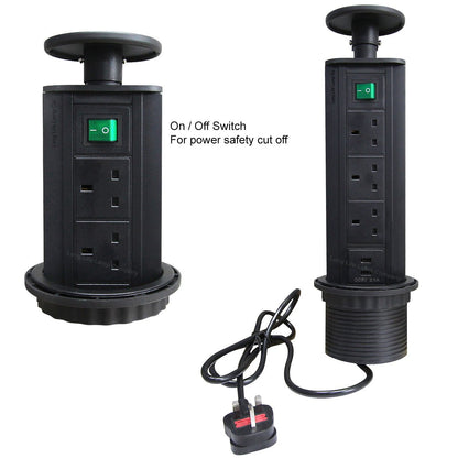Black Top Power Tower Pop Up Socket With 2 USB Charging Port 3 Plug Sockets - Energy Light Bulbs - Free delivery on all orders