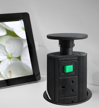 Black Top Power Tower Pop Up Socket With 2 USB Charging Port 3 Plug Sockets - Energy Light Bulbs - Free delivery on all orders