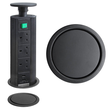 Black Top Power Tower Pop Up Socket With 2 USB Charging Port 3 Plug Sockets - Energy Light Bulbs - Free delivery on all orders