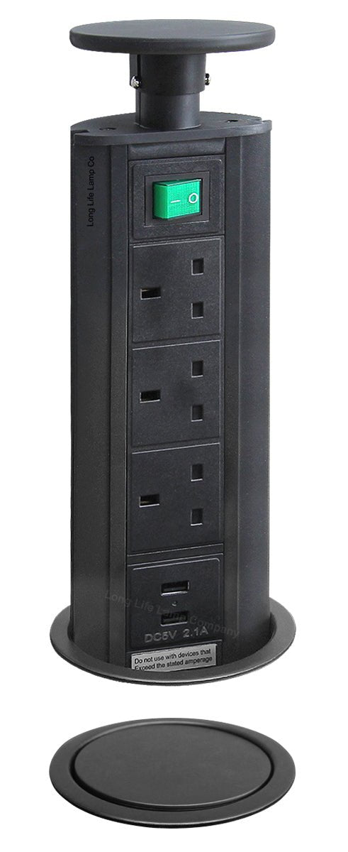 Black Top Power Tower Pop Up Socket With 2 USB Charging Port 3 Plug Sockets - Energy Light Bulbs - Free delivery on all orders