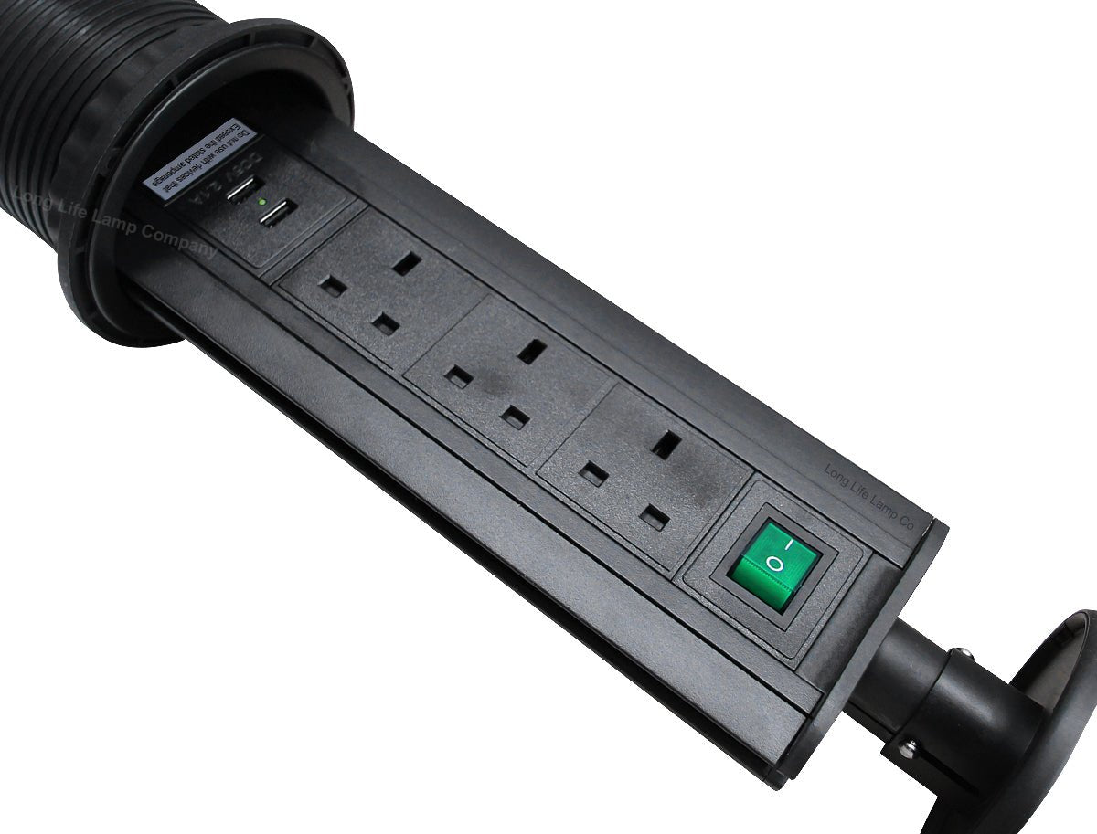 Black Top Power Tower Pop Up Socket With 2 USB Charging Port 3 Plug Sockets - Energy Light Bulbs - Free delivery on all orders