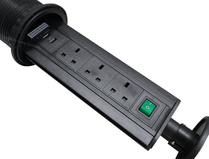 Black Top Power Tower Pop Up Socket With 2 USB Charging Port 3 Plug Sockets - Energy Light Bulbs - Free delivery on all orders