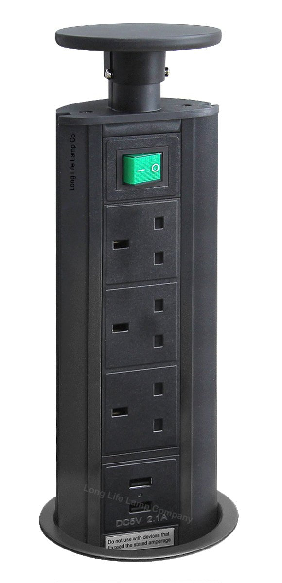 Black Top Power Tower Pop Up Socket With 2 USB Charging Port 3 Plug Sockets - Energy Light Bulbs - Free delivery on all orders