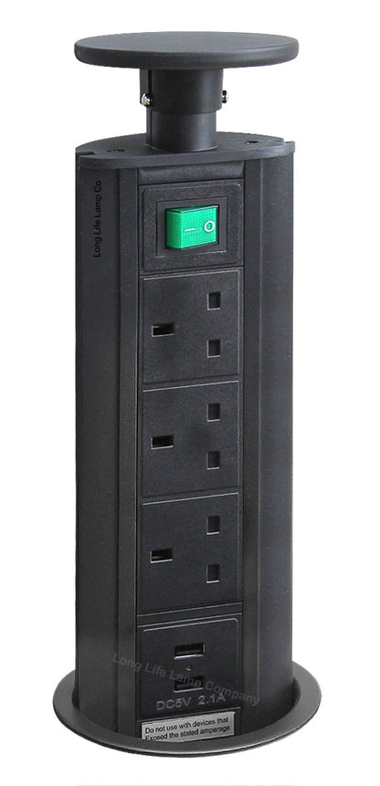 Black Top Power Tower Pop Up Socket With 2 USB Charging Port 3 Plug Sockets - Energy Light Bulbs - Free delivery on all orders