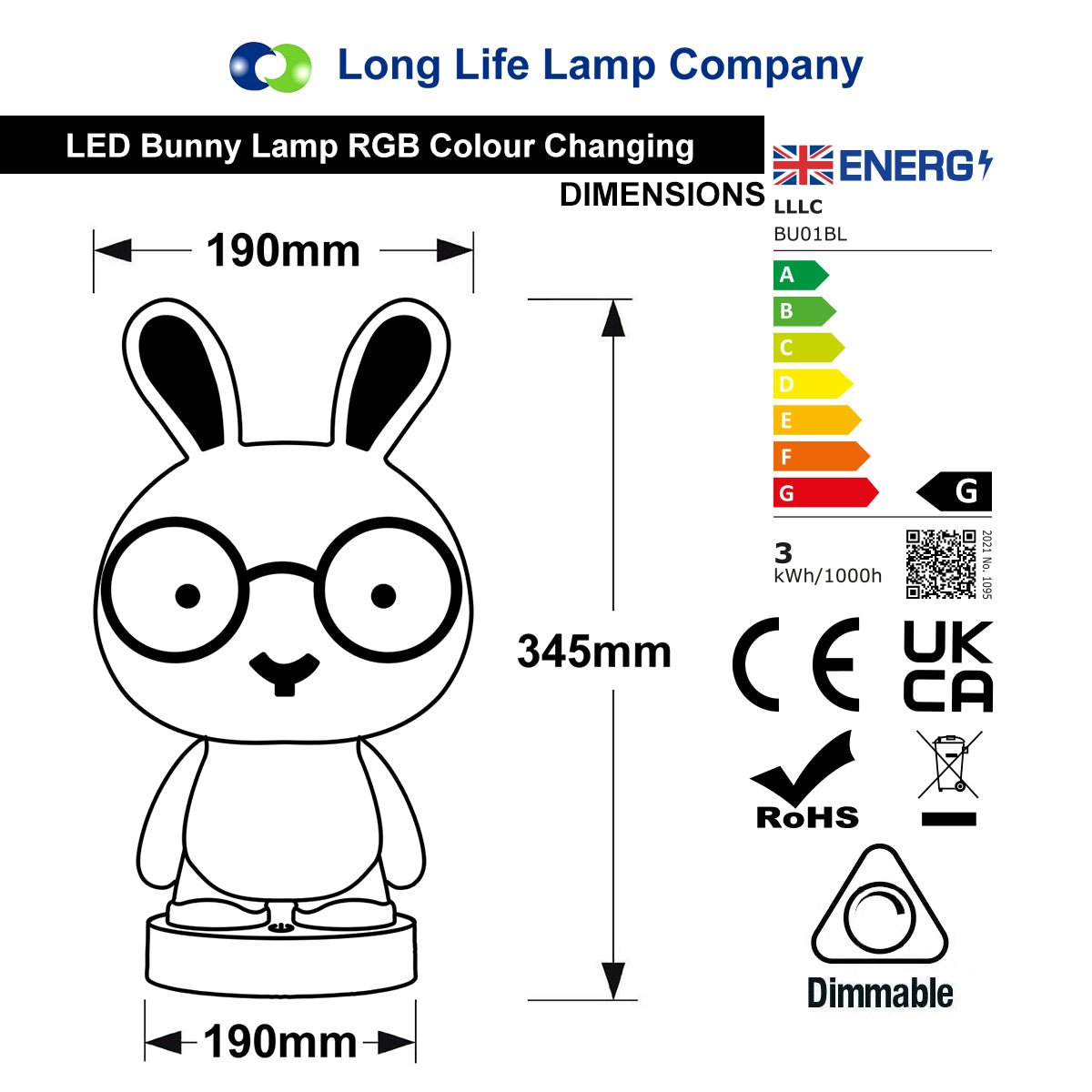 Blue Bunny LED Children's Table Lamp RGB Colour Changing USB Rechargeable Bedside Light - Energy Light Bulbs - Free delivery on all orders