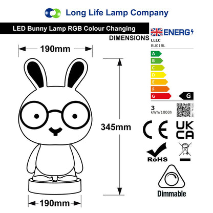 Blue Bunny LED Children's Table Lamp RGB Colour Changing USB Rechargeable Bedside Light - Energy Light Bulbs - Free delivery on all orders
