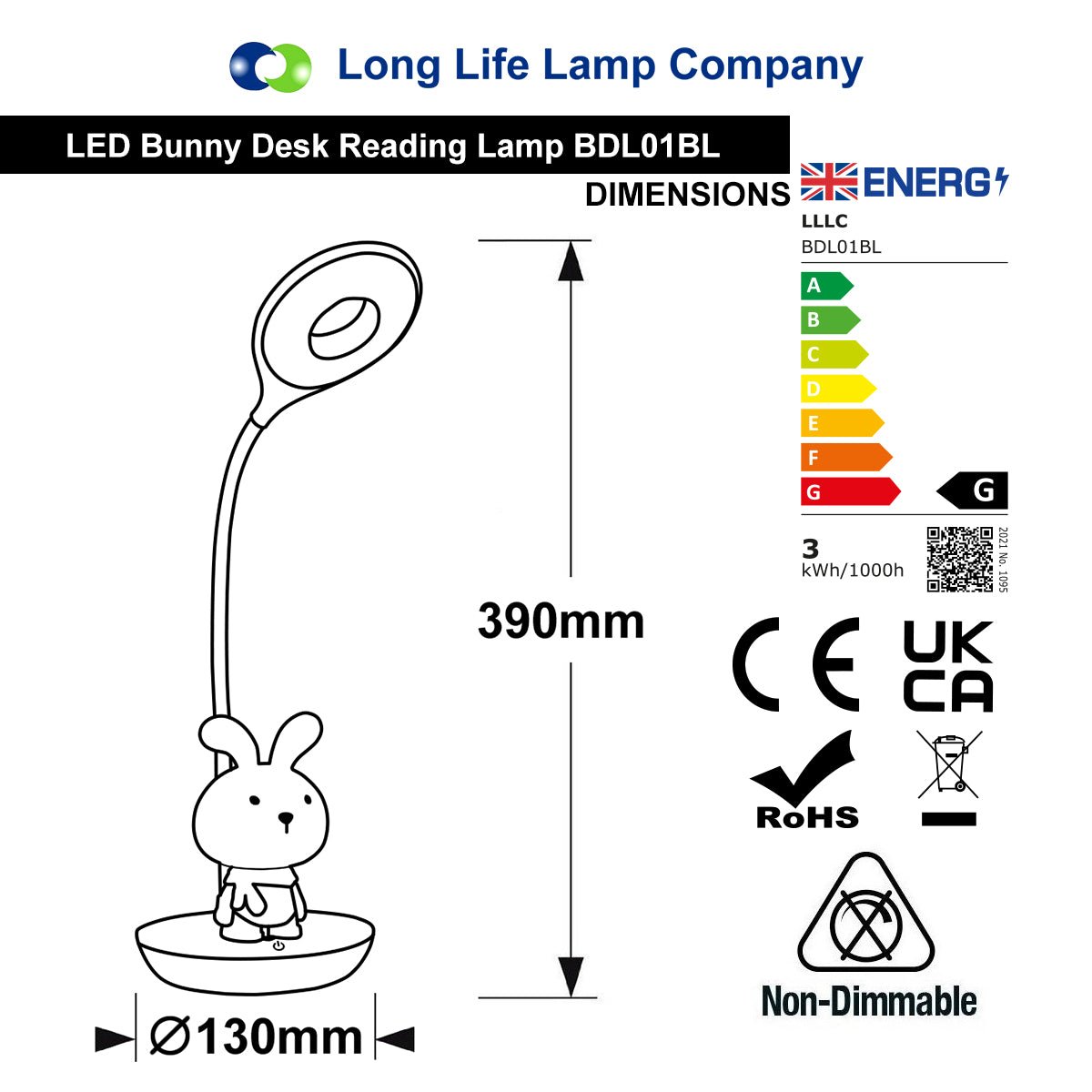 Blue Bunny LED Reading Light Touch Control Table Lamp USB Rechargeable - Energy Light Bulbs - Free delivery on all orders
