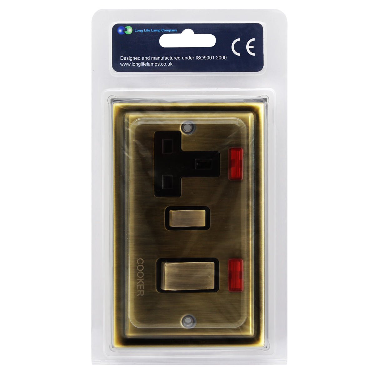 Brush Antique Brass 45A Cooker Control Switch Unit with 13amp Socket Neon Indicators - Energy Light Bulbs - Free delivery on all orders
