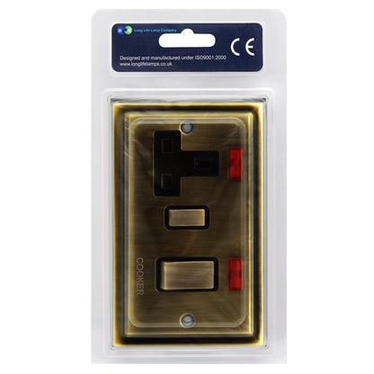 Brush Antique Brass 45A Cooker Control Switch Unit with 13amp Socket Neon Indicators - Energy Light Bulbs - Free delivery on all orders
