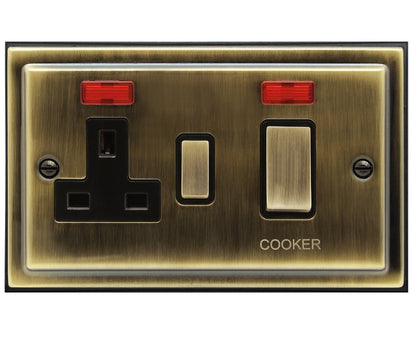 Brush Antique Brass 45A Cooker Control Switch Unit with 13amp Socket Neon Indicators - Energy Light Bulbs - Free delivery on all orders