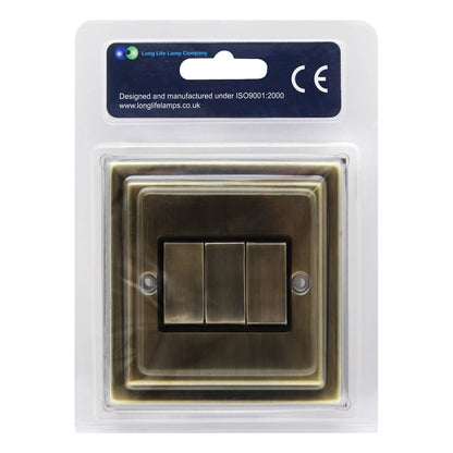 Brush Antique Brass Light Switch 3 Gang 10amp 2 Way - Energy Light Bulbs - Free delivery on all orders