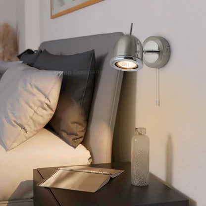 Brush Chrome Mounted Reading Wall Light Pull Switch Adjustable Head - Energy Light Bulbs - Free delivery on all orders