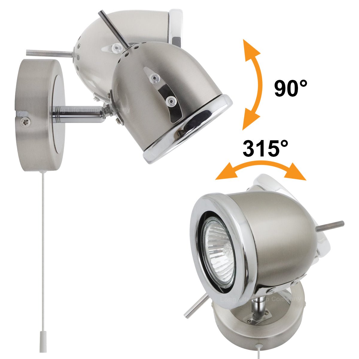 Brush Chrome Mounted Reading Wall Light Pull Switch Adjustable Head - Energy Light Bulbs - Free delivery on all orders