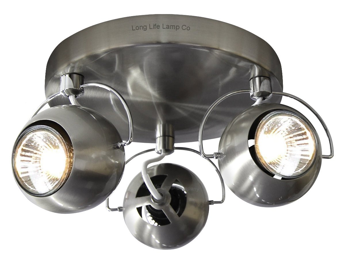Brushed Chrome 3 Way Adjustable Eyeball Ceiling Spotlight GU10 - Energy Light Bulbs - Free delivery on all orders
