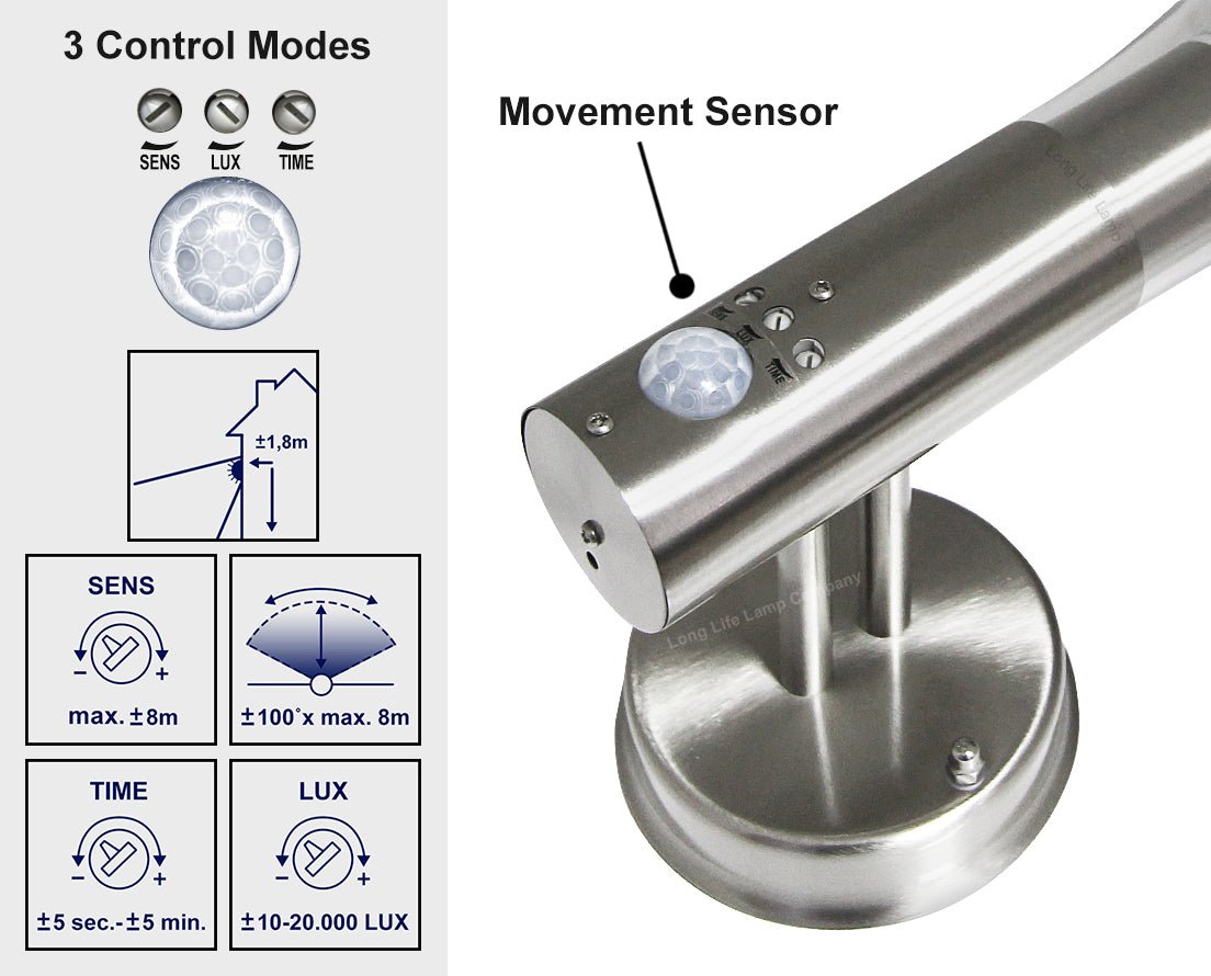 Brushed Stainless Steel Wall Light With Movement Sensor IP44 - Energy Light Bulbs - Free delivery on all orders
