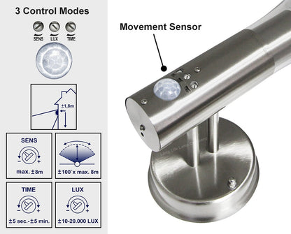 Brushed Stainless Steel Wall Light With Movement Sensor IP44 - Energy Light Bulbs - Free delivery on all orders