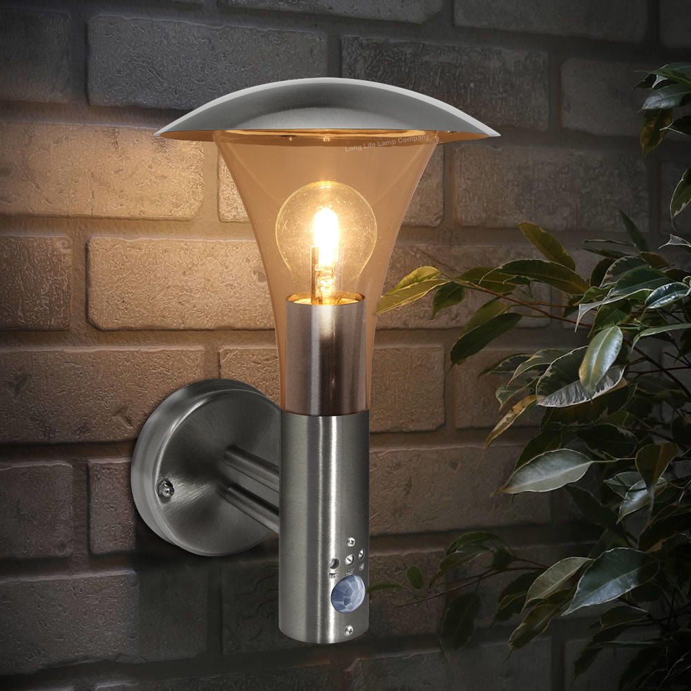 Brushed Stainless Steel Wall Light With Movement Sensor IP44 - Energy Light Bulbs - Free delivery on all orders