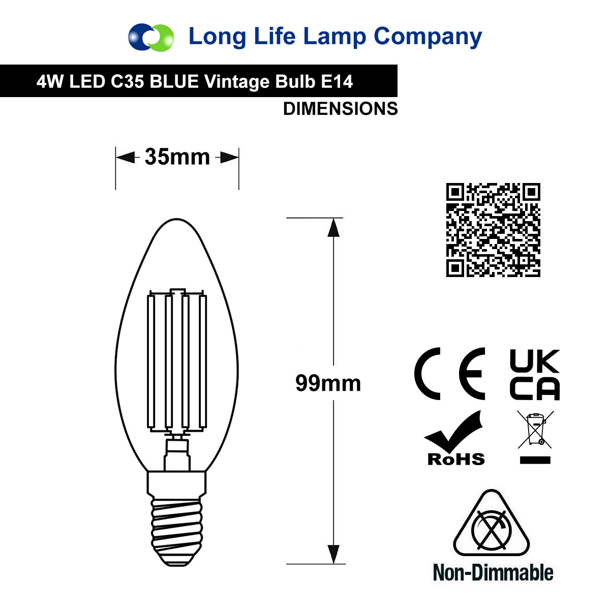 4w LED Blue Candle Light Bulb E14 Clear Glass