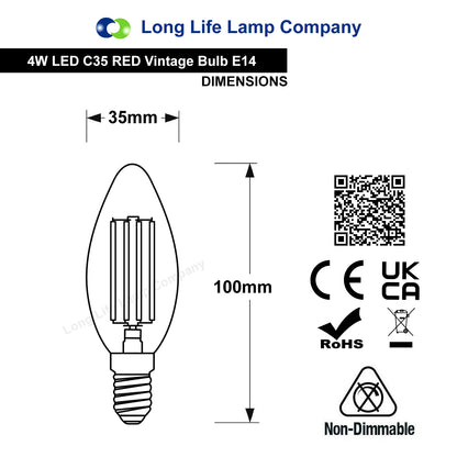 4w LED Red Candle Light Bulb E14 Clear Glass - Free delivery on all orders