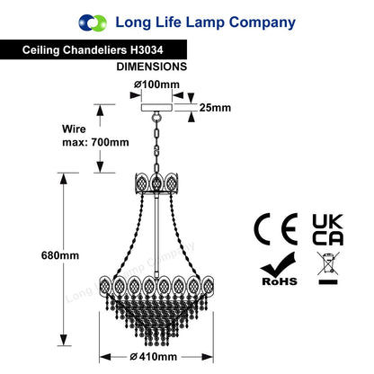 Ceiling Chandelier 6 Lamp Crystal Chrome Pendant Light - Energy Light Bulbs - Free delivery on all orders