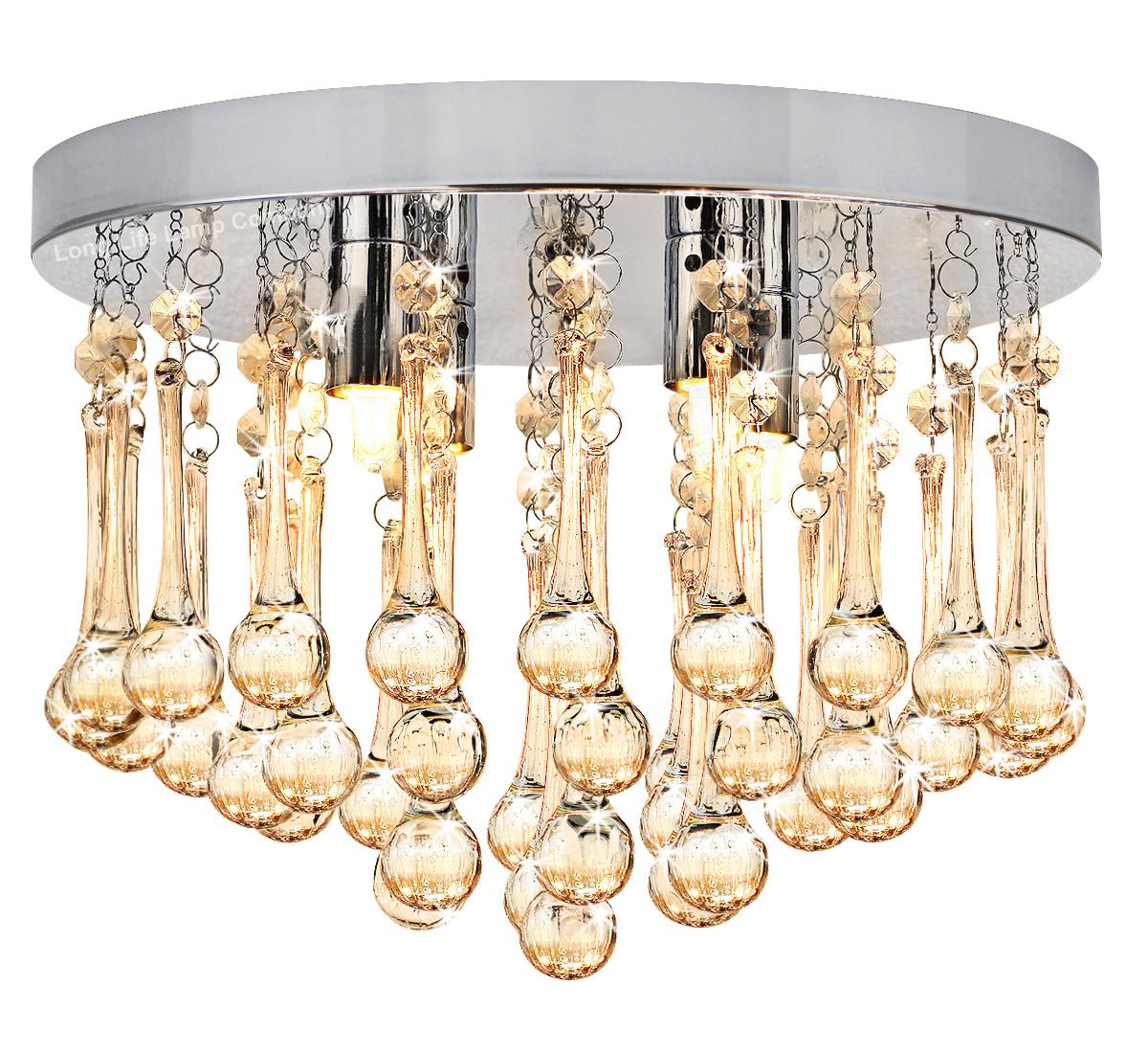 Chandelier Ceiling Light Round Modern Flush Mount Crystal Droplets Chrome Base with 4 LED Bulbs - Energy Light Bulbs - Free delivery on all orders