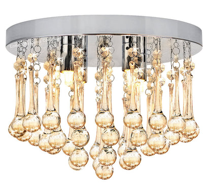Chandelier Ceiling Light Round Modern Flush Mount Crystal Droplets Chrome Base with 4 LED Bulbs - Energy Light Bulbs - Free delivery on all orders