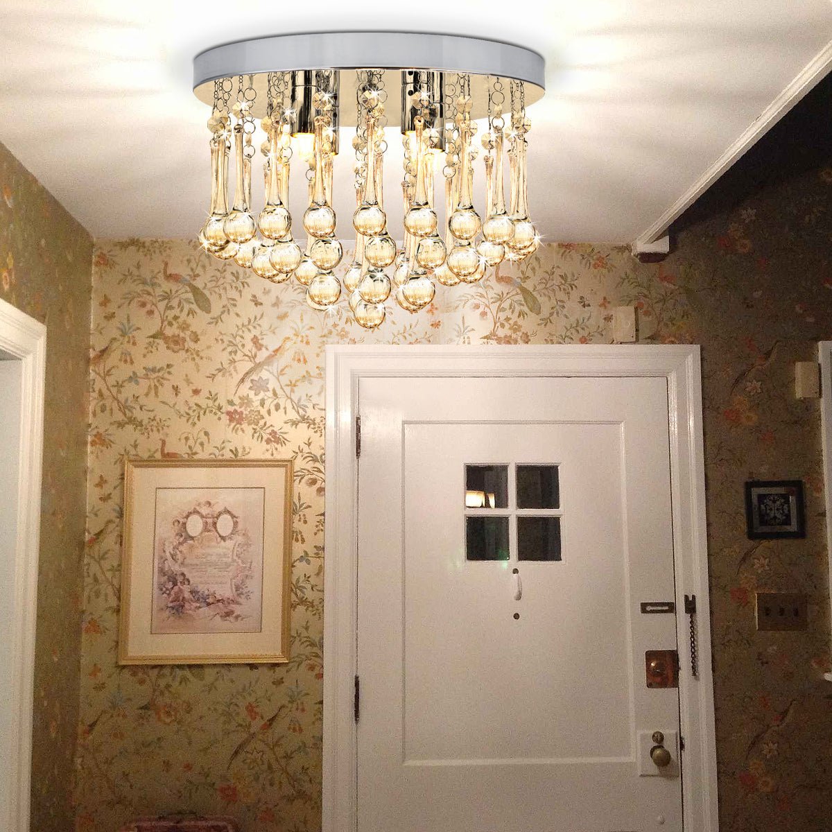 Chandelier Ceiling Light Round Modern Flush Mount Crystal Droplets Chrome Base with 4 LED Bulbs - Energy Light Bulbs - Free delivery on all orders