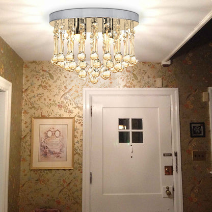 Chandelier Ceiling Light Round Modern Flush Mount Crystal Droplets Chrome Base with 4 LED Bulbs - Energy Light Bulbs - Free delivery on all orders