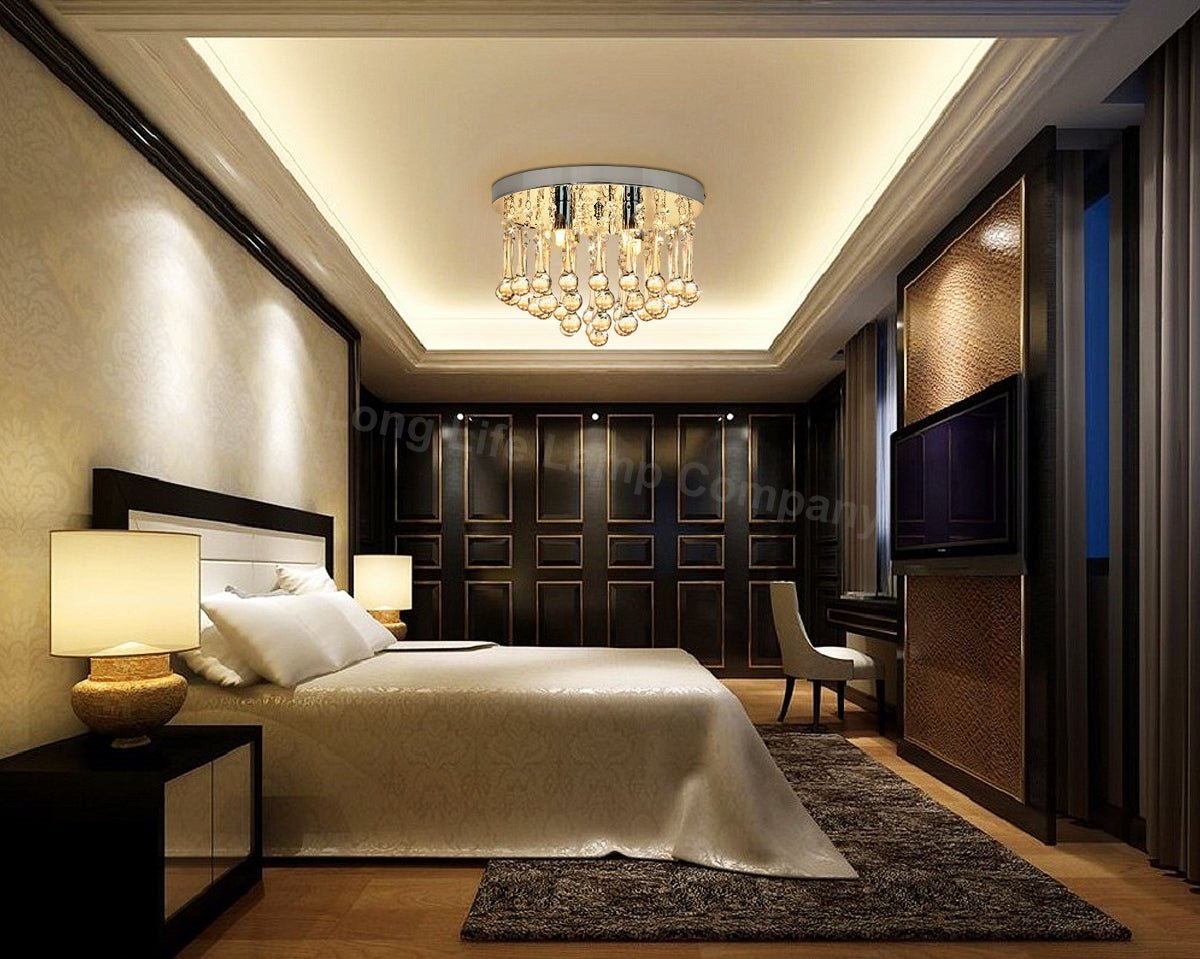 Chandelier Ceiling Light Round Modern Flush Mount Crystal Droplets Chrome Base with 4 LED Bulbs - Energy Light Bulbs - Free delivery on all orders