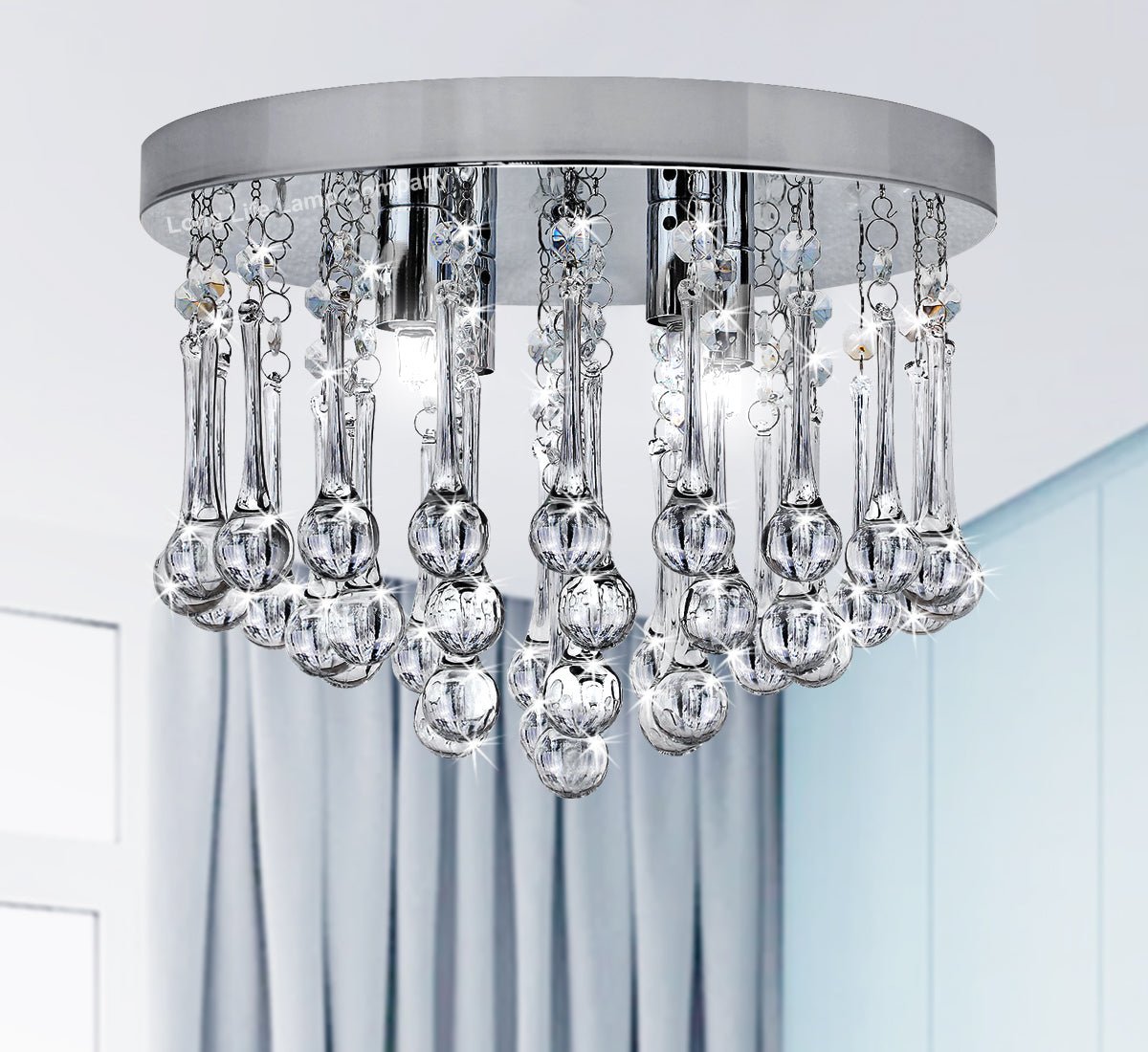 Chandelier Ceiling Light Round Modern Flush Mount Crystal Droplets Chrome Base with 4 LED Bulbs - Energy Light Bulbs - Free delivery on all orders