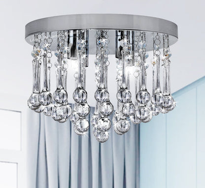 Chandelier Ceiling Light Round Modern Flush Mount Crystal Droplets Chrome Base with 4 LED Bulbs - Energy Light Bulbs - Free delivery on all orders