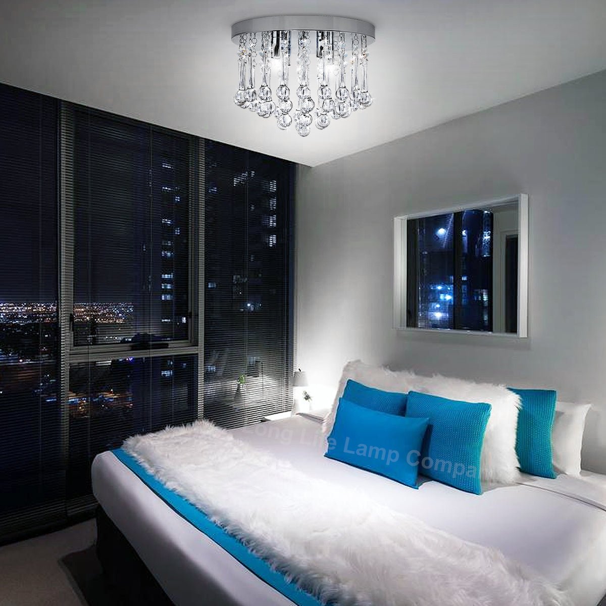 Chandelier Ceiling Light Round Modern Flush Mount Crystal Droplets Chrome Base with 4 LED Bulbs - Energy Light Bulbs - Free delivery on all orders
