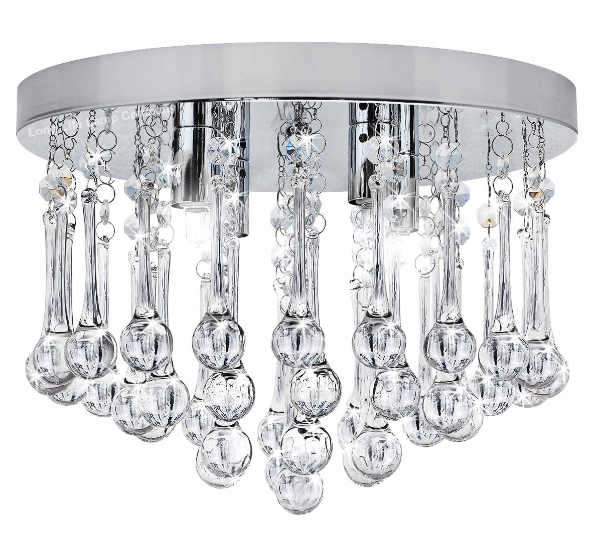 Chandelier Ceiling Light Round Modern Flush Mount Crystal Droplets Chrome Base with 4 LED Bulbs - Energy Light Bulbs - Free delivery on all orders