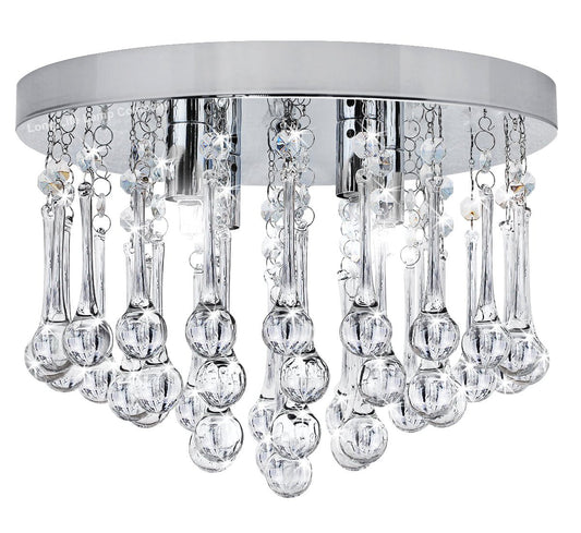 Chandelier Ceiling Light Round Modern Flush Mount Crystal Droplets Chrome Base with 4 LED Bulbs - Energy Light Bulbs - Free delivery on all orders