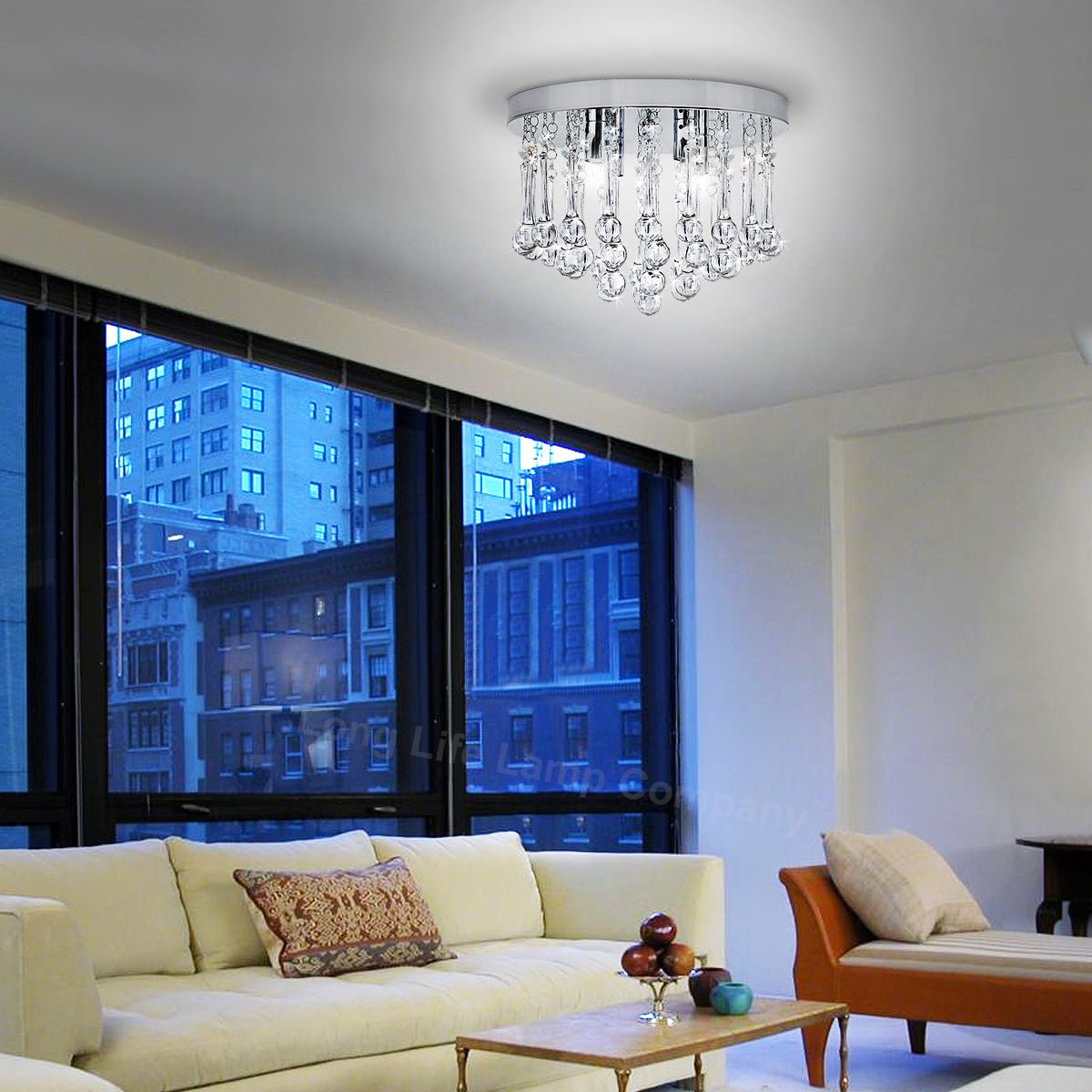 Chandelier Ceiling Light Round Modern Flush Mount Crystal Droplets Chrome Base with 4 LED Bulbs - Energy Light Bulbs - Free delivery on all orders